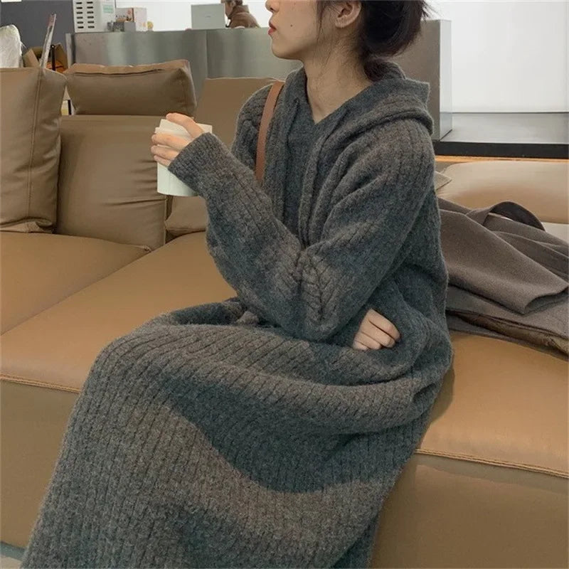 Women Hooded Knit Long